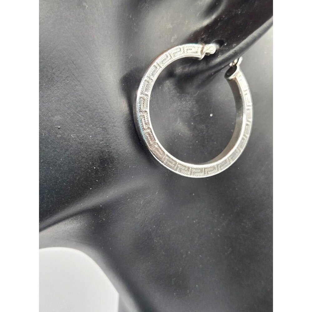 Sterling Signed 925 Italy RCI Hoop Earrings Hinged and greek key engraved